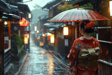 Atmospheric Rainy Evening in Traditional Japan. Serene evening view of a woman in a traditional red kimono with an umbrella walking down a rainy historical Japanese street.