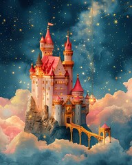 A whimsical fairytale castle floating in the clouds, retro aesthetic, collage of a 70s style, classic illustration of a 50s era, vintage & pop background, wallpaper, poster design, banner, card