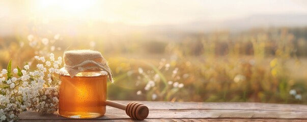 a glass jar of honey, with a wooden honey dipper, resting gracefully on a wooden table surroundded by many flowers and meadow on background - obrazy, fototapety, plakaty