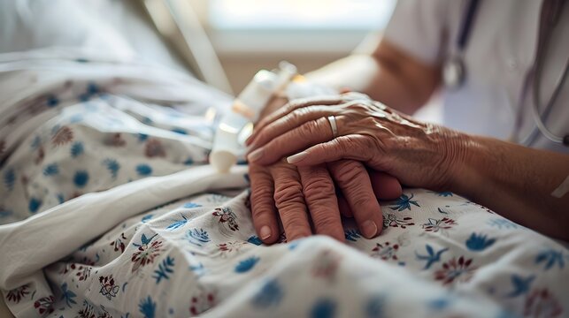 Compassionate Care: A Nurse's Gentle Touch Soothes an Elderly Patient in a Soft-Lit Hospital Room