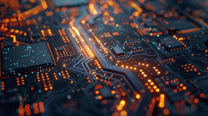 Detailed Macro Shot of a Glowing Computer Motherboard. Generative Ai