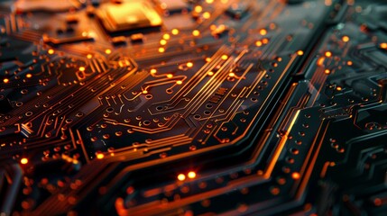 Detailed Macro Shot of Illuminated Computer Motherboard. Generative Ai