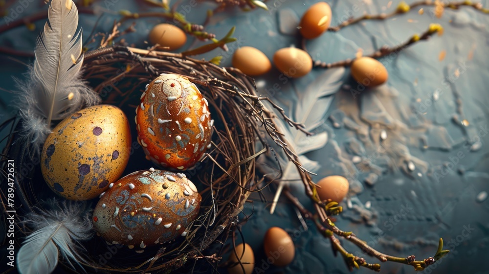 Aufkleber A nest with eggs and feathers on a table. Ideal for nature and spring themes