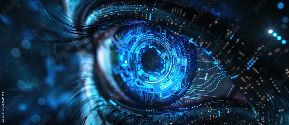 Poster 3d render of futuristic digital eye with circuit board. generate ai image