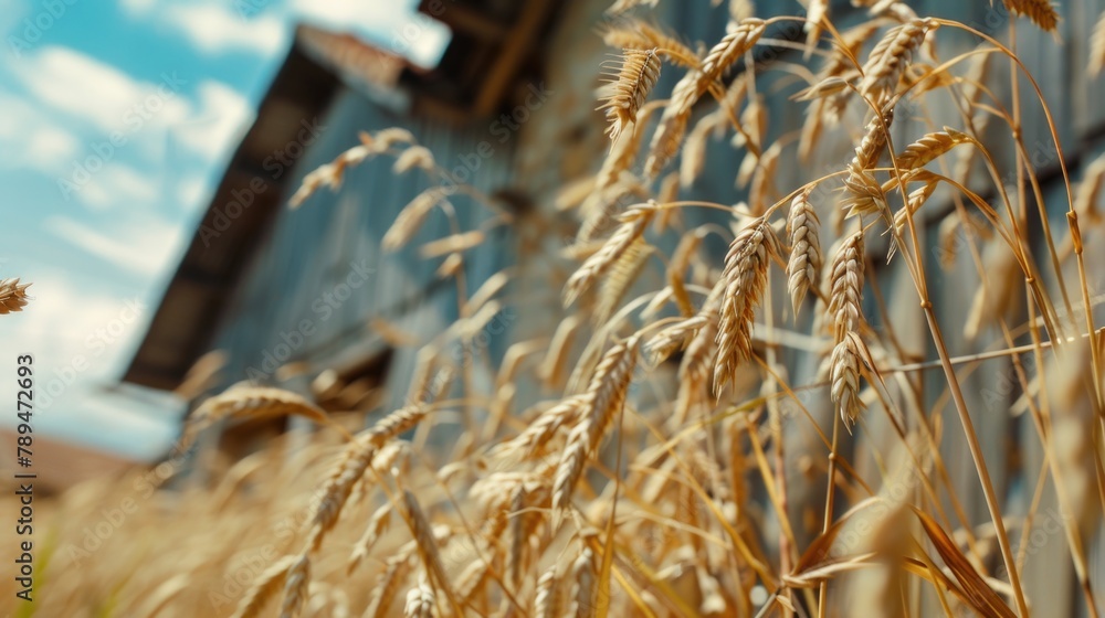 Poster close up of wheat with building in background. ideal for agricultural or urban themes