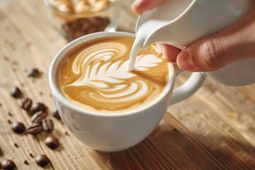 A barista pours coffee into a cup while holding a milk frother in order to create a latte art. - obrazy, fototapety, plakaty