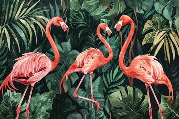 Three flamingos standing in lush jungle, perfect for nature-themed designs