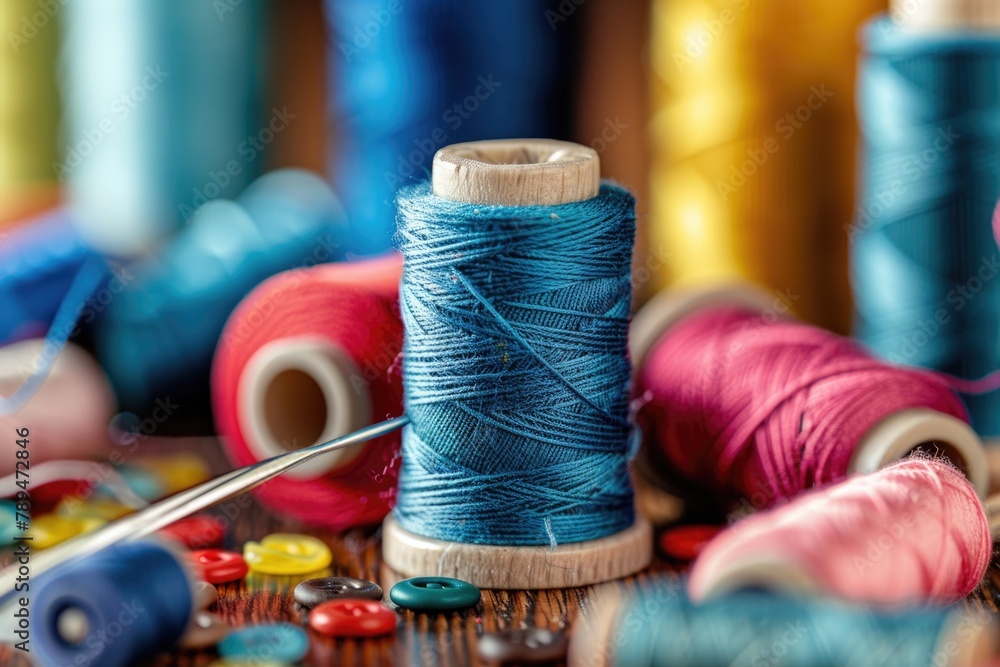 Poster a collection of colorful spools of thread on a wooden table. ideal for sewing and crafting projects