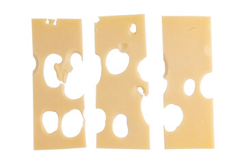 maasdam cheese slices with holes closeup, swiss cheese isolated