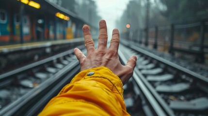 A person in yellow jacket holding up their hand on a train track, AI