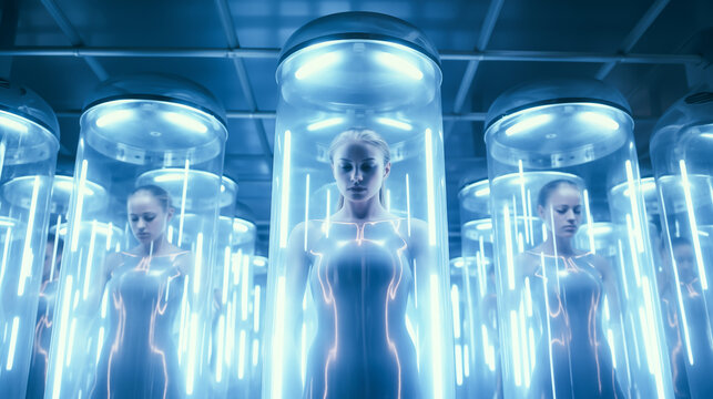 Human clone factory, Human in the capsules, capsule with human woman body inside