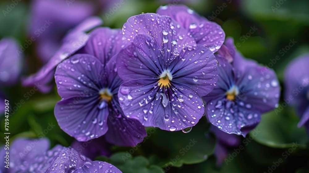 Wall mural Close-up of purple flowers with water droplets, suitable for nature concepts