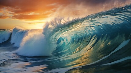 Majestic wave cresting at sunset with vibrant colors and dynamic water spray. - obrazy, fototapety, plakaty