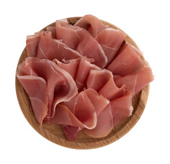 prosciutto on wooden cutting board isolated