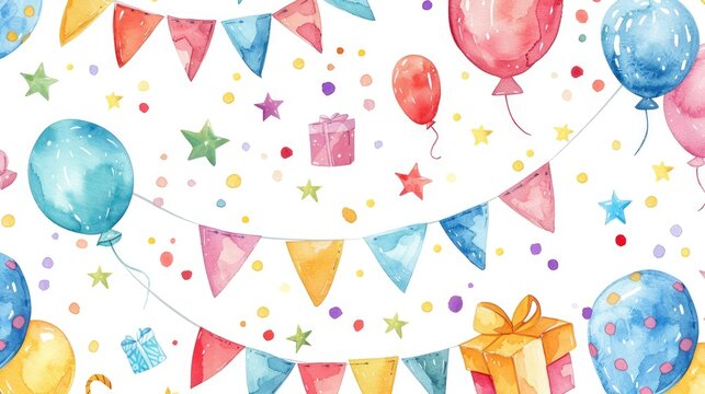 Colorful watercolor drawing of balloons and presents. Perfect for birthday or celebration themes