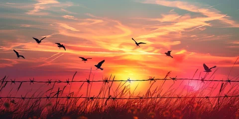 Wandcirkels tuinposter Birds soaring over barbed wire in a vibrant dawn, representing hope and freedom © MSTSANTA