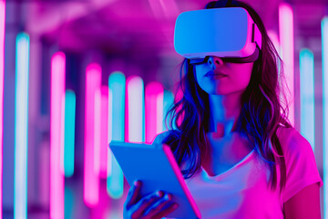Futuristic Woman with VR Headset and Tablet. Young woman with VR headset and tablet amid neon lights
