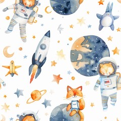 Colorful watercolor painting of an astronaut with a curious cat. Perfect for science fiction or space-themed projects