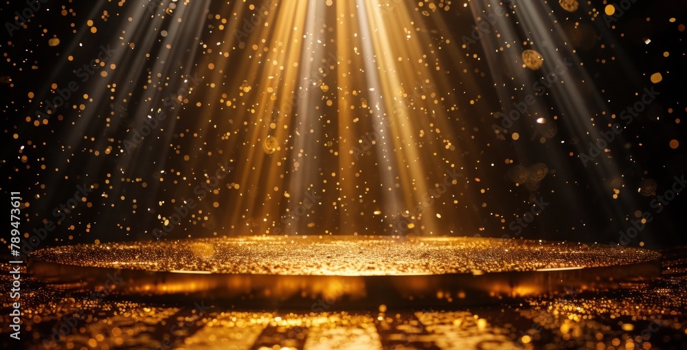 Poster 3d rendering of a golden stage with light and shiny product. generate ai image