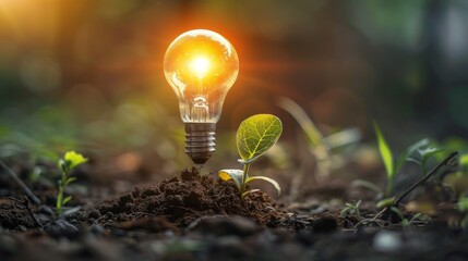 There is a light bulb at the bottom of the pot, and plants are growing with a growth graph. In the future, renewable energy will be essential. Alternative sources of energy will be developed, as will - obrazy, fototapety, plakaty