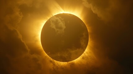 Solar eclipse: The black disk of the moon completely hides the Sun, but its golden rays magically penetrate around, creating a magnificent crown.