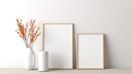 Porcelain vases and a blank vertical A4 frame isolated on a white background follow.
