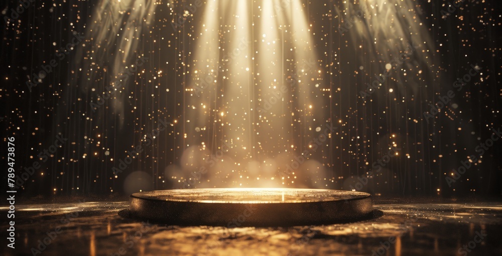 Poster 3d rendering of a golden stage with light and shiny product. generate ai image