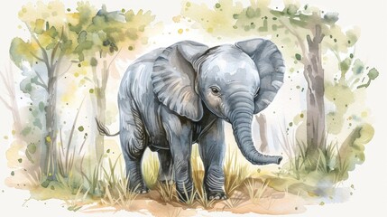A watercolor painting of an elephant in a forest. Suitable for nature and wildlife themes