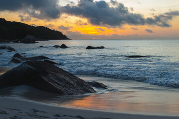 Anse Lazio beach. Coastal landscape on a sunset. Praslin, Seychelles - obrazy, fototapety, plakaty