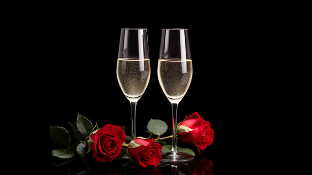 Isolated on a black background, champagne glasses with a red rose