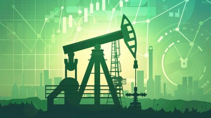 A stock market chart background paired with a flat picture of an oil derrick