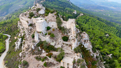 aerial pictures made with a dji mini 4 pro drone over Kantara Castle, Cyprus. - obrazy, fototapety, plakaty
