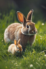 Fototapeta premium Rabbits. A family of rabbits on a green meadow. Spring flowers and green grass