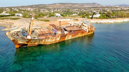 aerial pictures made with a dji mini 4 pro drone over the Edro III Wreck, Cyprus.