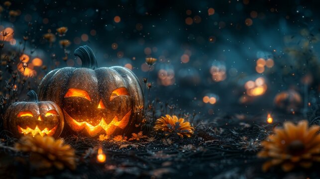 The Spooky Night - Halloween Background: Pumpkins In Graveyard