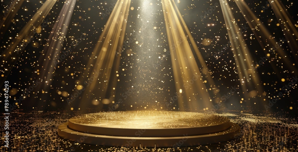Poster 3d rendering of a golden stage with light and shiny product. generate ai image