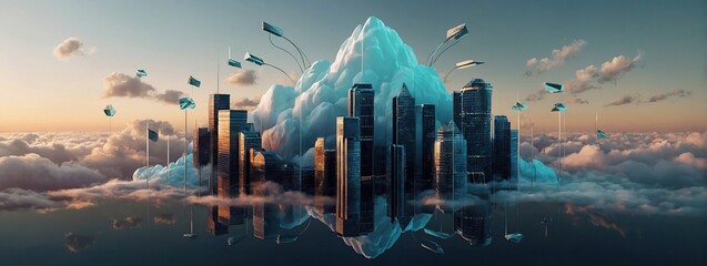 Abstract digital cloud with arrows up and down and dollar coins tower, Cloud mining or digital investment technology concept, Low poly wireframe