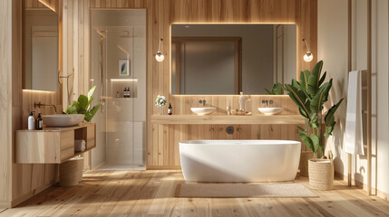 Fototapeta na wymiar a beautiful modern, clean style bathroom with perfectly bright diffuse lighting