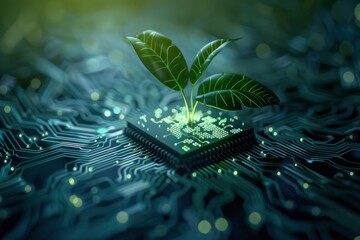 An electrical chip with a futuristic plant sprouting on top of it - obrazy, fototapety, plakaty