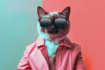 Stylish cat with sunglasses and pink jacket on color split background.