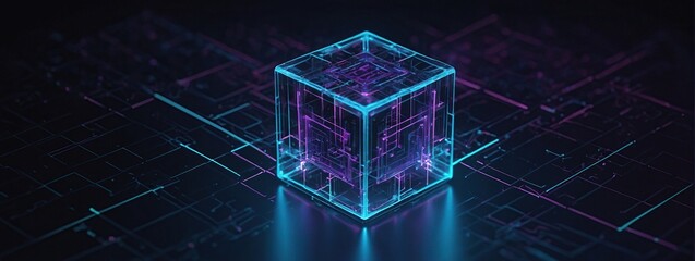 Abstract digital data cube in technology futuristic wireframe style, Isometric polygonal 3D box in light blue and purple on dark background, Blockchain, Big Data and Artificial Intelligence concept 