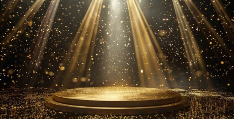 3D rendering of a golden stage with light and shiny product. Generate AI image