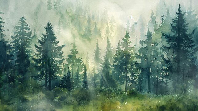 A serene watercolor painting of a beautiful forest scene. Perfect for nature lovers and art enthusiasts