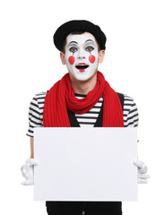 Funny mime artist with blank sign on white background