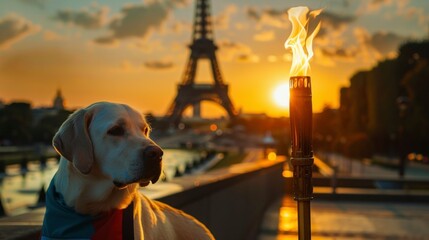 beautiful labrador breed dog next to the olympic torch in the background of the eiffel tower on a...