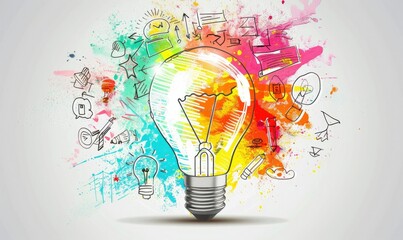 A lightbulb with a vibrant example of many business concepts in the backdrop, signifying creativity in marketing tactics - obrazy, fototapety, plakaty