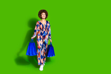Photo of cheerful cute lovely woman wear trendy print clothes walk carry bags empty space isolated...