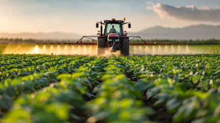 In the spring, a tractor sprays pesticides on soybean fields with a sprayer - obrazy, fototapety, plakaty