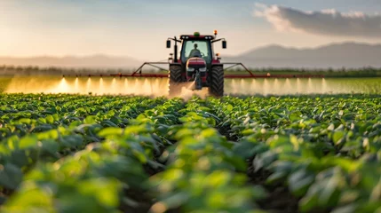 Fotobehang In the spring, a tractor sprays pesticides on soybean fields with a sprayer © Zaleman