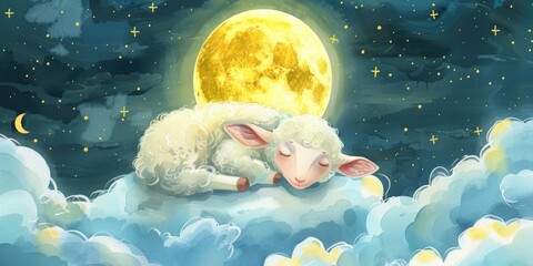 A peaceful painting of a sheep resting on a fluffy cloud. Suitable for children's books or relaxation-themed designs - obrazy, fototapety, plakaty